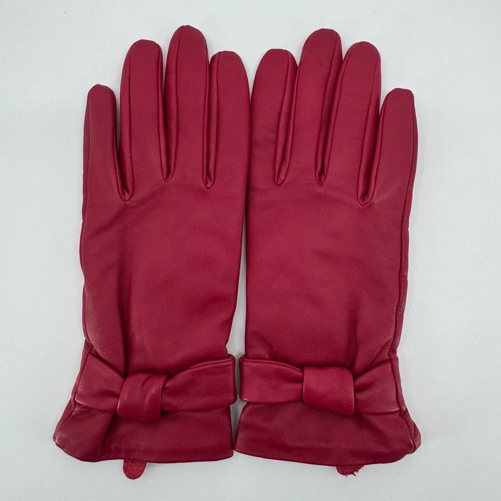 Womens Leather Gloves Size 8 Cherry Red Bows Soft Lined Dress Winter Classic